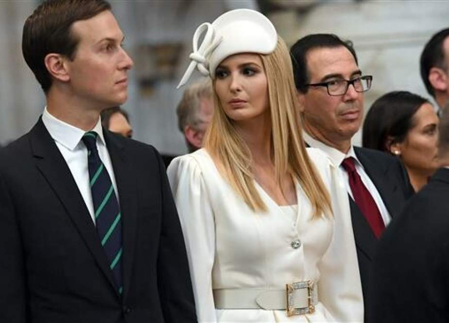 Ivanka Trump, daughter of US President Donald Trump, (C) and her husband Jared Kushner (L), special adviser to the US president, accompany the US president during his London visit on June 3, 2019. (Photo by AFP)