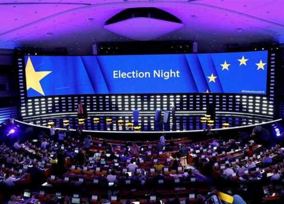 A general view of the Plenary Hall during the election night for European Parliament elections, at the European Parliament in Brussels, Belgium, on May 27, 2019 (photo by Reuters)