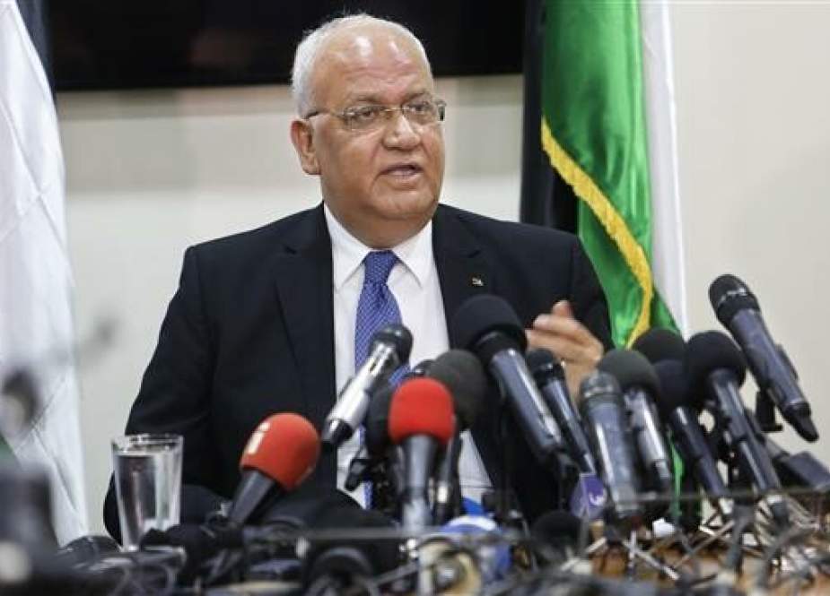 Chief Palestinian negotiator and Secretary General of the Palestine Liberation Organization (PLO), Saeb Erekat, speaks during a press conference in the occupied West Bank city of Ramallah on July 4, 2018. (Photo by The Associated Press)