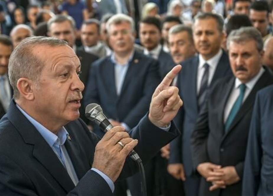 Turkish President Recep Tayyip Erdogan speaks during a symbolic funeral cerenomy for the former Egyptian President the day after his death in Cairo, on June 18, 2019 at Fatih Mosque in Istanbul.