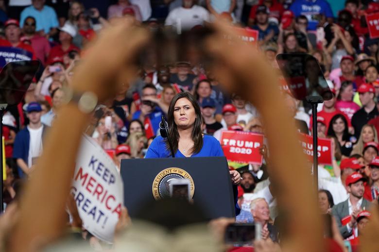 Press secretary Sarah Sanders speaks at President Donald Trump's campaign kick off rally at the Amway Center in Orlando