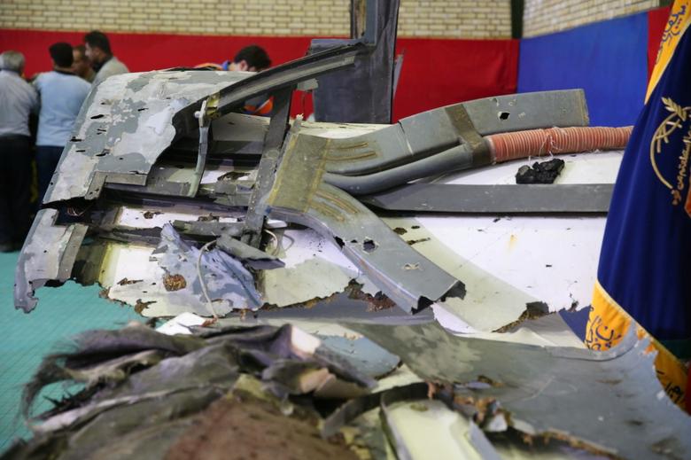 The purported wreckage of an American drone is seen displayed by the Islamic Revolution Guards Corps in Tehran, Iran June 21, 2019. Iranian authorities showed debris that they said were retrieved sections of a U.S. military drone. The head of the Revolut