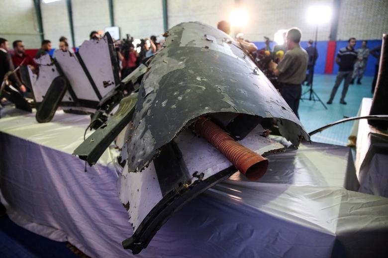 The purported wreckage of the American drone is seen displayed by the Islamic Revolution Guards Corps in Tehran, June 21