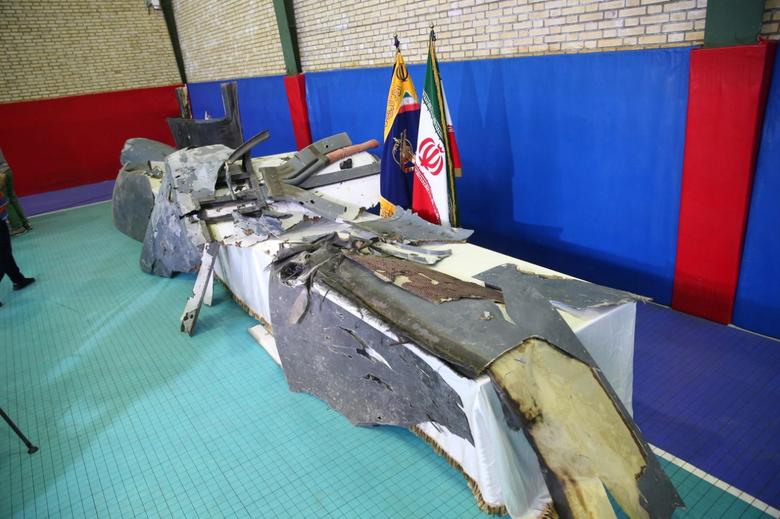 The purported wreckage of the American drone is seen displayed by the Islamic Revolution Guards Corps in Tehran, June 21