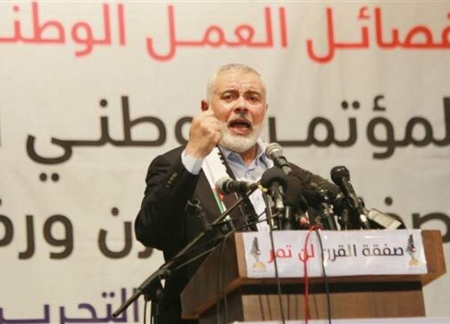 Ismail Haniyeh, the head of the Hamas political bureau, speaks at the Palestinian National Conference in Gaza City on June 25, 2019. (Photo by Arabic-language Palestine al-Yawm news agency)