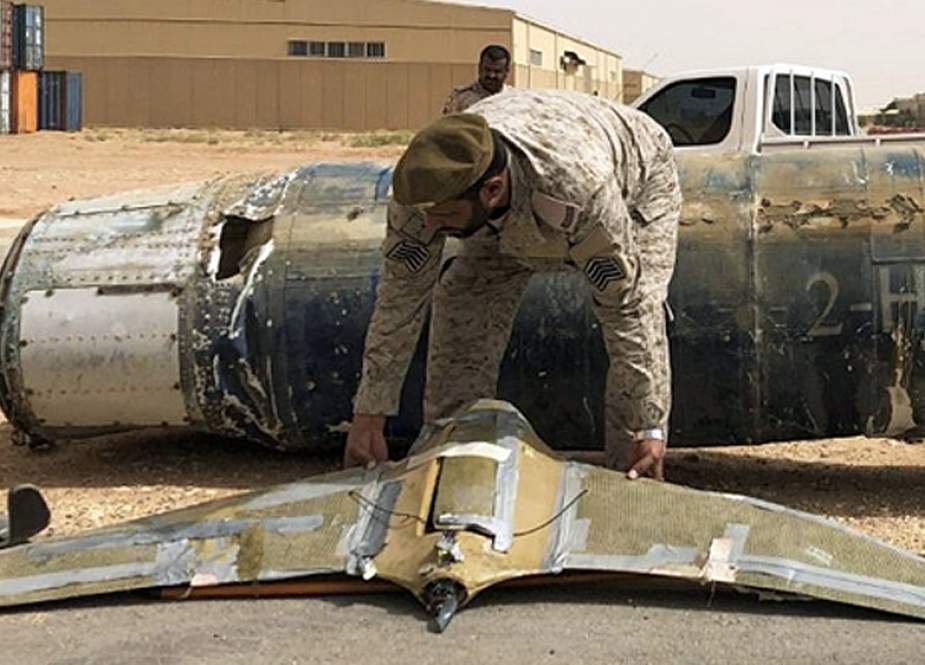 An alleged projectile and drone launched at Saudi Arabia are displayed at a Saudi military base on June 21, 2019.