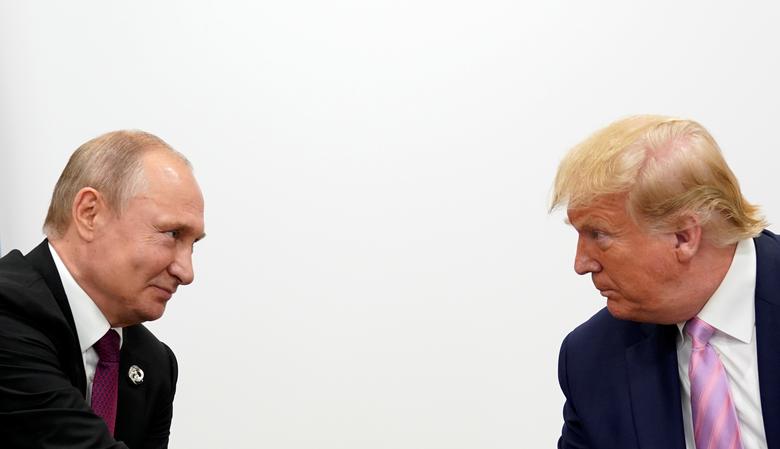 U.S. President Donald Trump and Russian President Vladimir Putin hold a bilateral meeting at the G20 leaders summit in Osaka, Japan, June 28