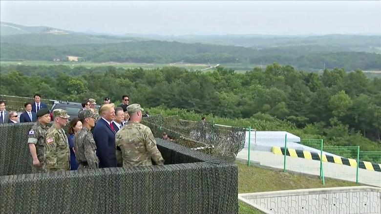 President Trump and South Korean President Moon Jae-in are seen at the demilitarized zone (DMZ) separating the two Koreas, in Panmunjom, South Korea. After Trump came to the DMZ, he got his first look at North Korea from the vantage point of Observation 