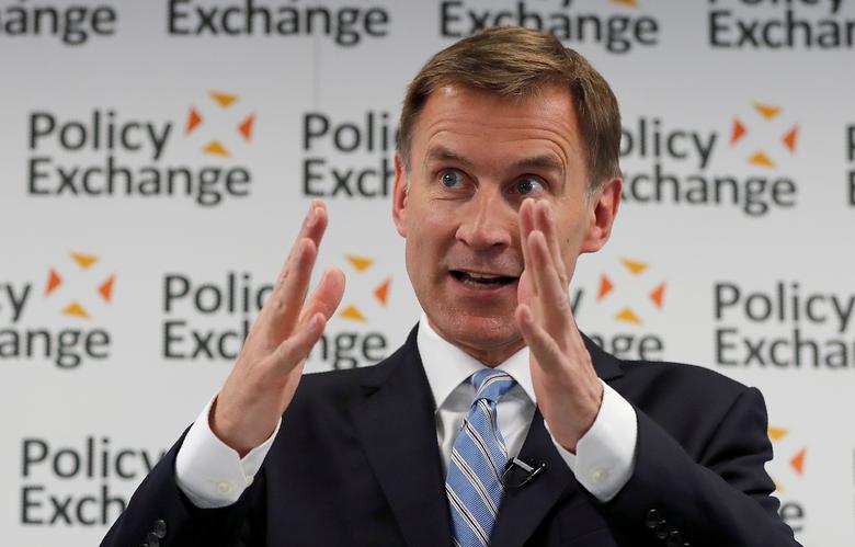 Jeremy Hunt, a leadership candidate for Britain's Conservative Party, delivers a speech on his Brexit plan, in London, Britain, July 1