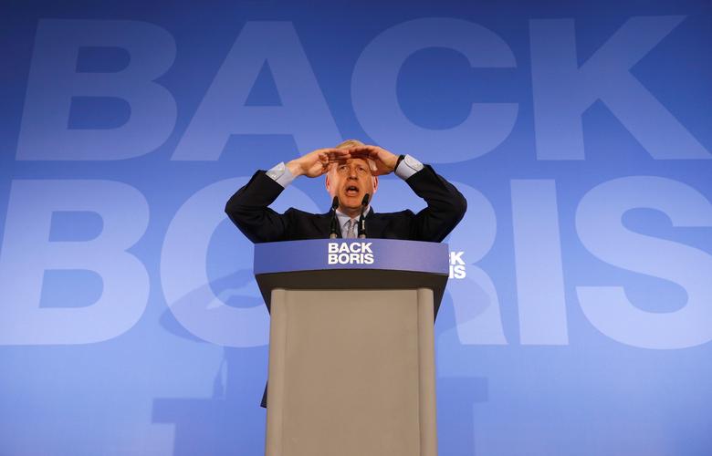 Conservative Party leadership candidate Boris Johnson gestures as he talks during the launch of his campaign in London, Britain June 12