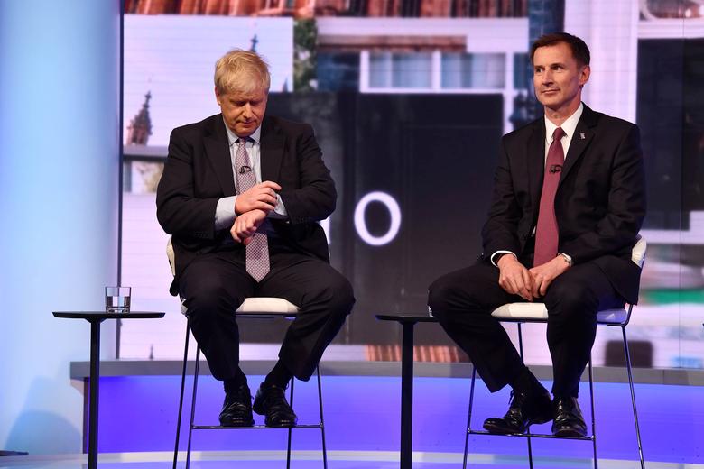 Boris Johnson and Jeremy Hunt appear on BBC TV's debate with candidates vying to replace British PM Theresa May, in London, Britain June 18