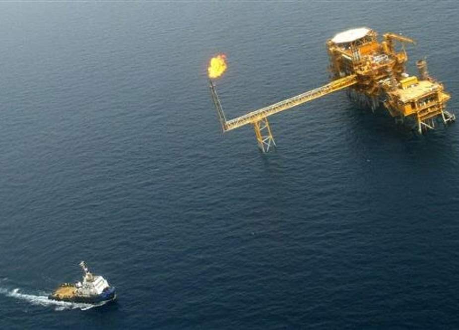 File picture shows an Aerial view of the Balal offshore oil platform in the Persian Gulf waters, taken on May 16, 2004