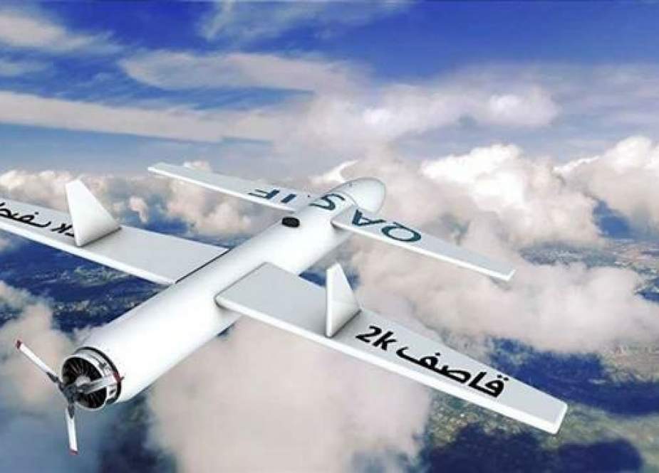 This illustrative file photo, provided by the media bureau of Yemen’s Operations Command Center, shows a domestically-developed Yemeni Qasef-2K (Striker-2K) combat drone.