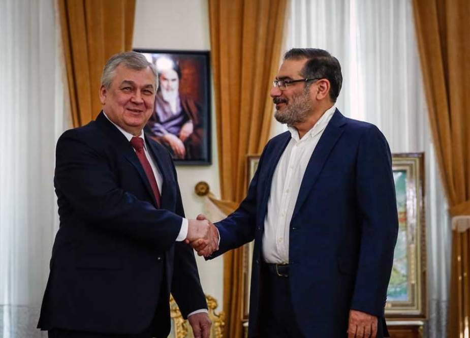 Secretary of Iran’s Supreme National Security Council (SNSC) Ali Shamkhani (R) meets with Alexander Lavrentiev, Russian President Vladimir Putin’s special envoy, in Tehran, on July 9, 2019.