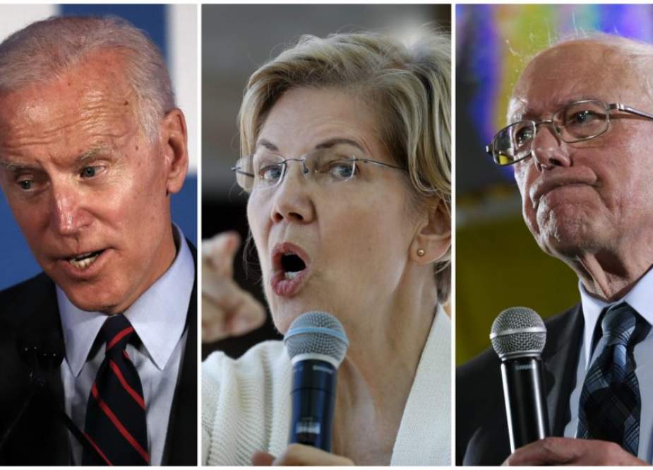A combo shows Democratic presidential hopefuls Joe Biden (L), Bernie Sanders (R), and Elizabeth Warren (C)