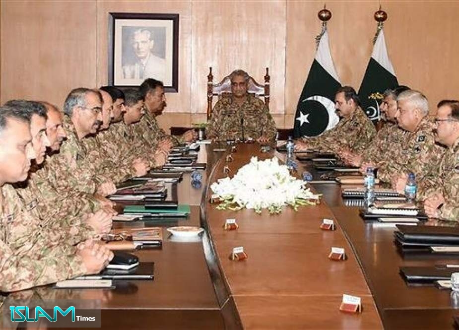 In this handout picture, taken and released by Pakistani military Inter Services Public Relations (ISPR) on August 6, 2019, Army Chief General Qamar Javed Bajwa (C) is seen presiding over a Corps Commanders’ Conference in Rawalpindi. (Via AFP)