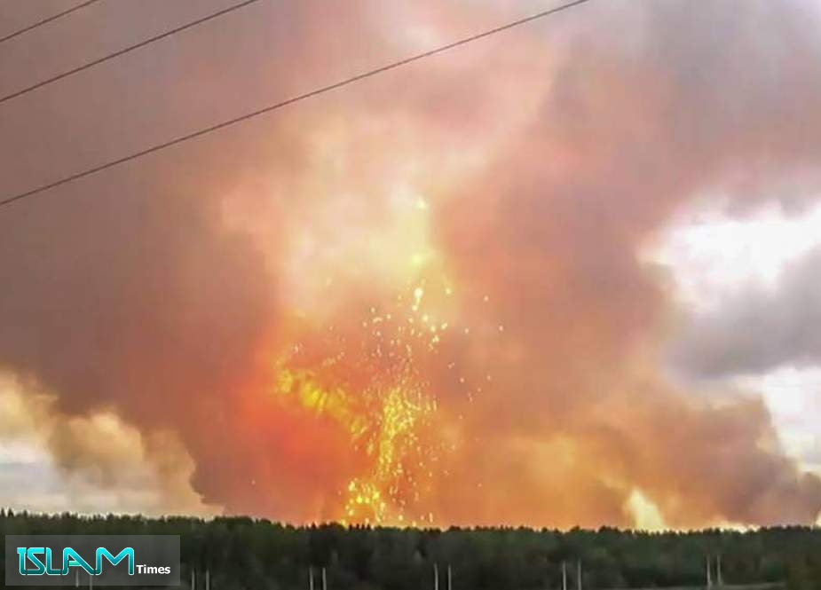 Fire and smoke rise from the site of an explosion at a Russian facility in the northern town of Sarov, on August 5, 2019.