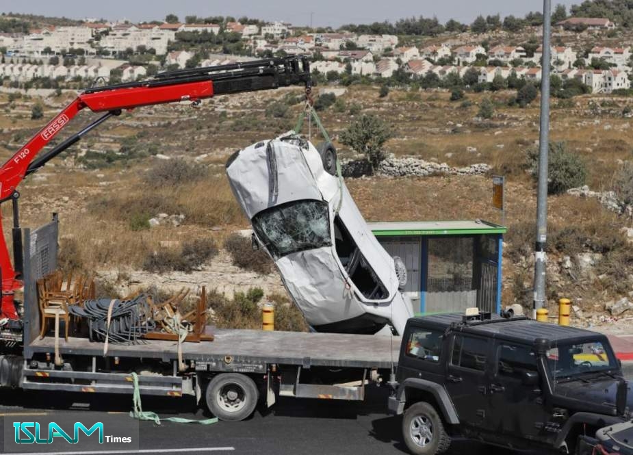 The photo shows a damaged car at the scene of an attack where a Palestinian man allegedly rammed a vehicle into Israeli settlers outside Elazar settlement in the Judean Hills region of the occupied West Bank on August 16, 2019.