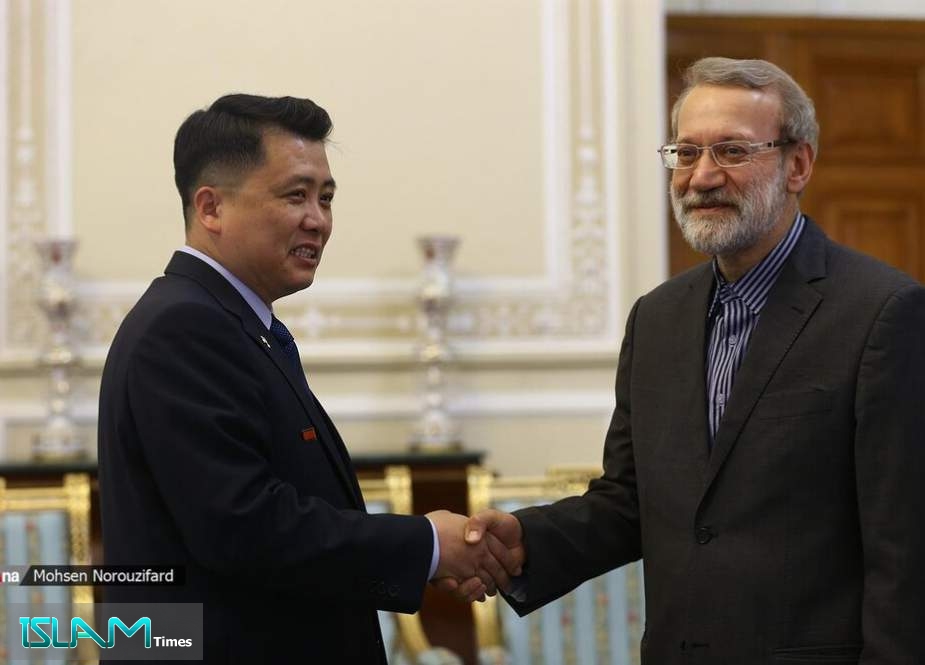Iranian Parliament Speaker Ali Larijani (R) shakes hands with North Korea