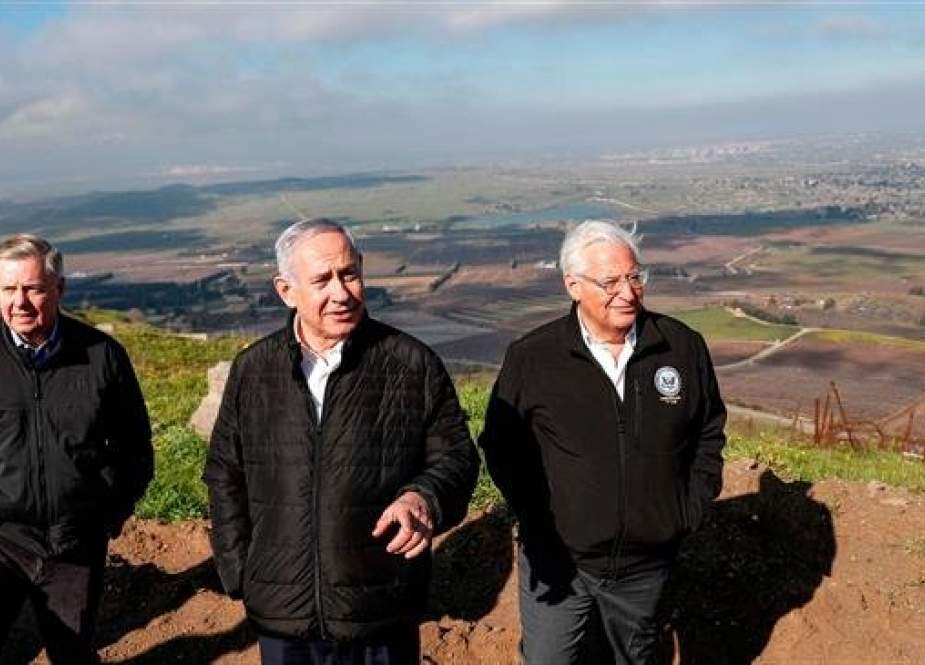 Benjamin Netanyahu, center, visits the occupied Golan Heights with US Senator Lindsey Graham, left, and the US ambassador to Israel, David Friedman.jpg
