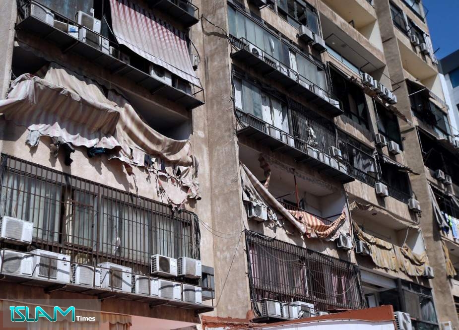 This picture taken on August 25, 2019 shows damage to a building housing a media center of the Lebanese Hezbollah resistance movement in the south of the capital Beirut, after two drones came down in its vicinity earlier in the day.