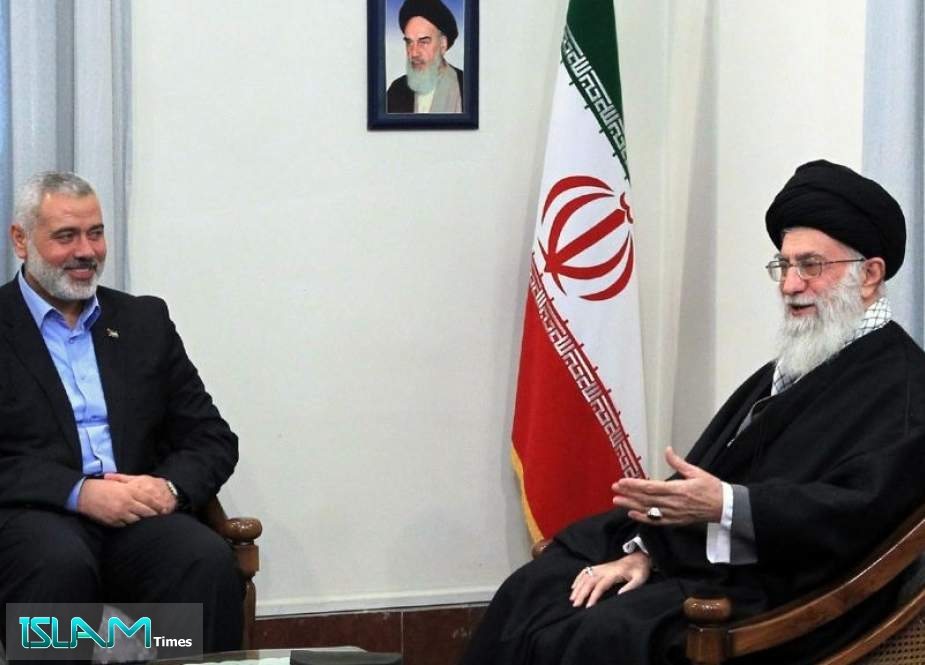 Leader of the Islamic Revolution Ayatollah Seyyed Ali Khamenei, right, and Ismail Haniyeh, the head of Hamas Political Bureau, during a meeting in Tehran.