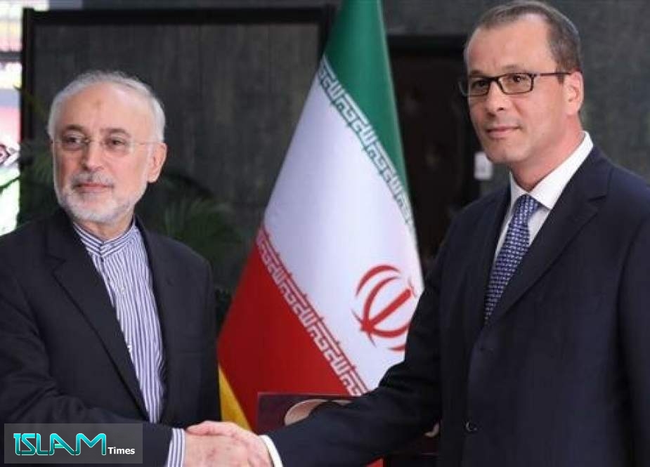Head of the Atomic Energy Organization of Iran (AEOI) Ali Akbar Salehi (L) meets with Acting Director General of the International Atomic Energy Agency (IAEA) Cornel Feruta in Tehran, September 8, 2019.