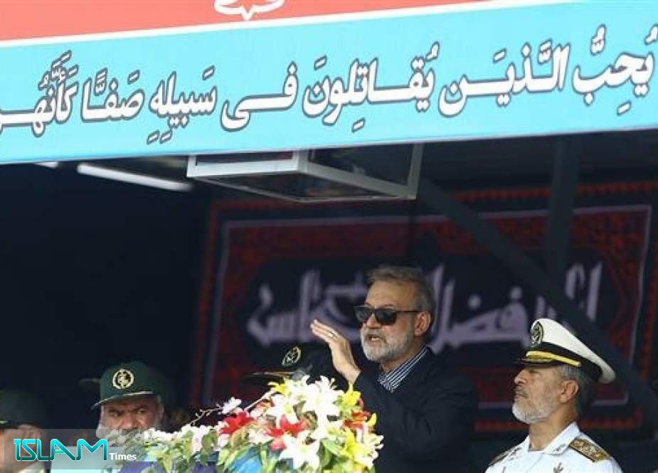 Iran’s Parliament Speaker Ali Larijani speaks before a military parade commemorating the 39th anniversary of the start of the Iran-Iraq War, in Bandar Abbas, southern Iran, on September 22, 2019.