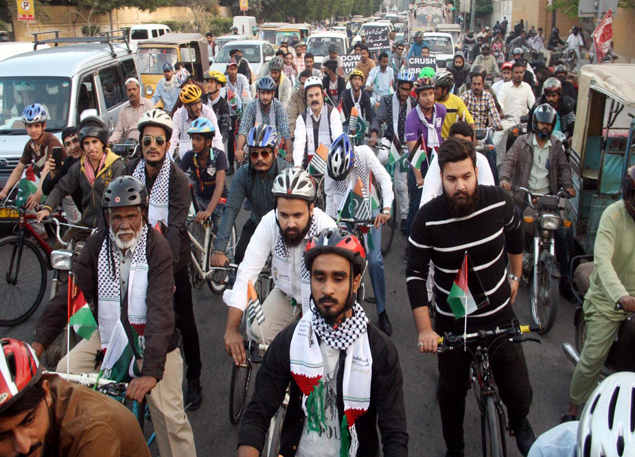 پی ایل ایف کے تحت کراچی میں نرسری تا پریس کلب تک یکجہتی فلسطین سائیکل ریلی کا انعقاد