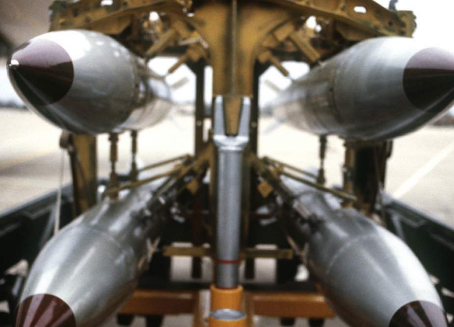 Frontal view of four B-61 nuclear free-fall bombs on a bomb cart - US DoD.jpg