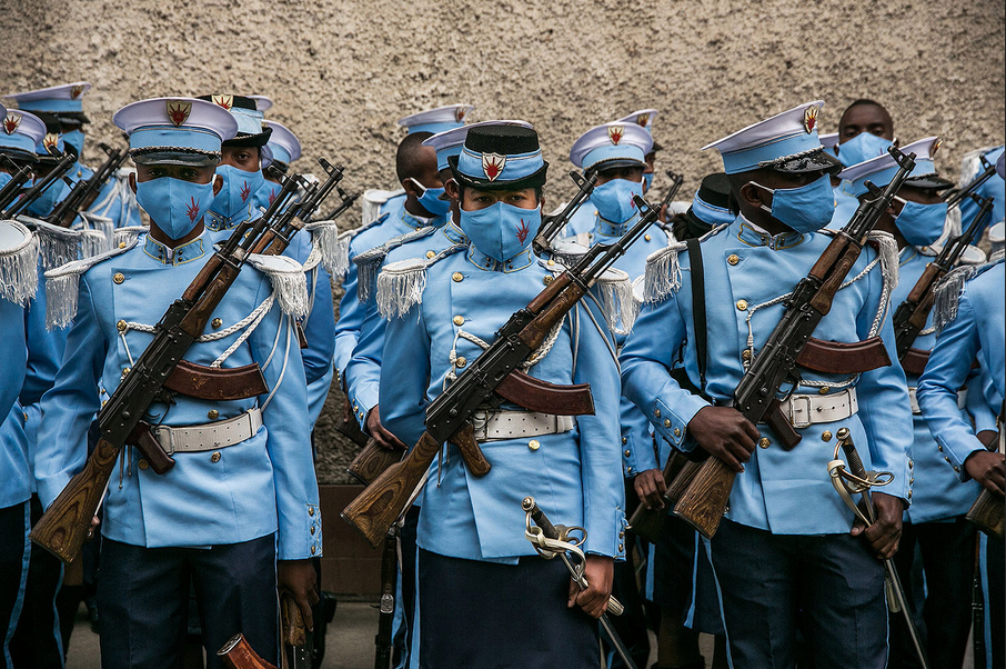 Students from the Antsi Military Academy are positioned in downtown Antananarivo, Madagascar, on June 26 before an Independence Day military parade. RIJASOLO/AFP via Getty Images