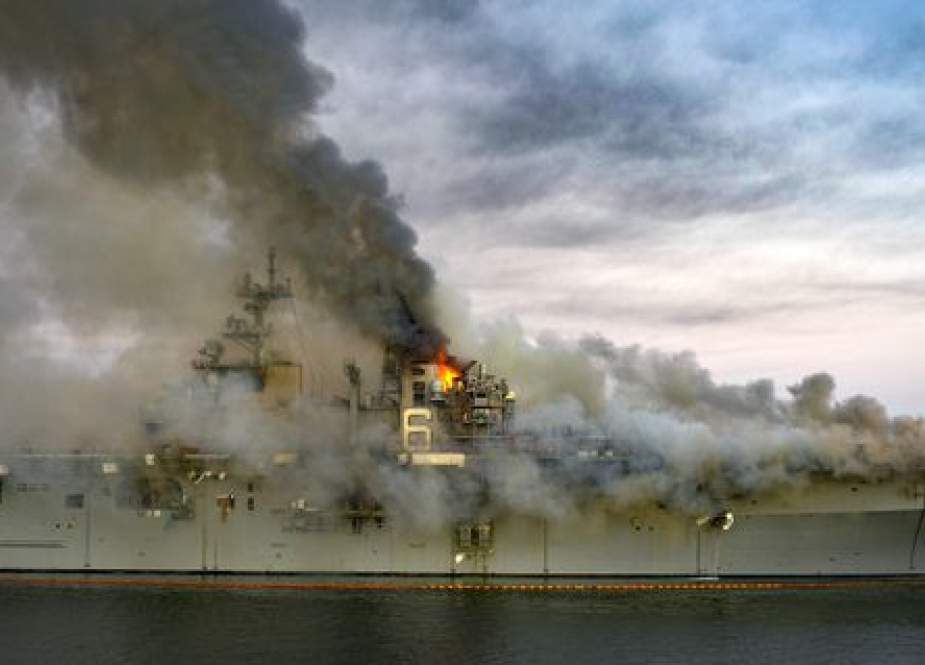 USS Bonhomme Richard is seriously damaged and still on fire.jpg