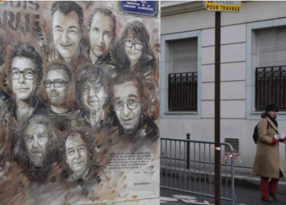 Karya seni yang menggambarkan anggota majalah satir Charlie Hebdo (AFP).