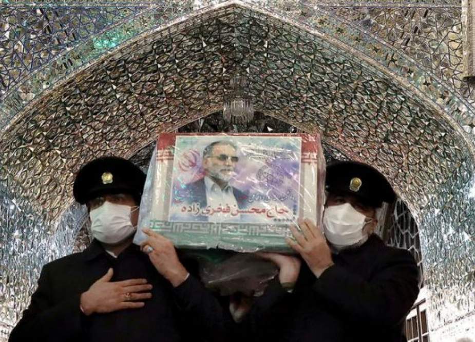 Coffin of Iranian nuclear scientist Mohsen Fakhrizadeh, in Mashhad, Iran.jpg