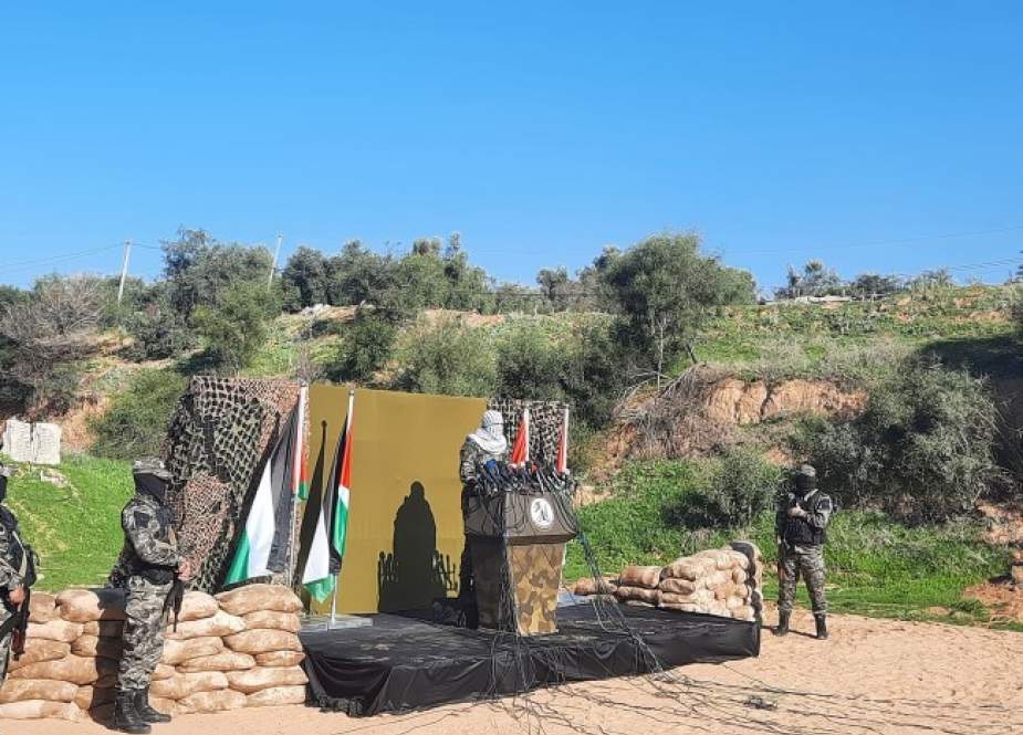 Abu Hamza, Palestinian Resistance Spokesman announcing the start of Al-Rukn Ash-Shadid joint exercise in Gaza strip.jpg