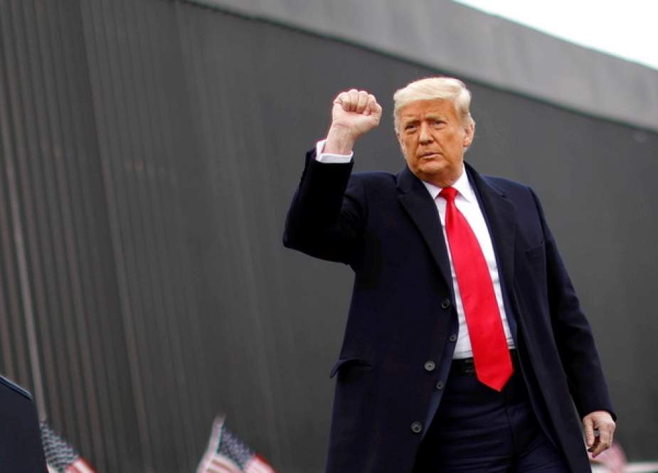 Donald Trump raises his fist as he visits the US-Mexico border wall, in Alamo, Texas.JPG