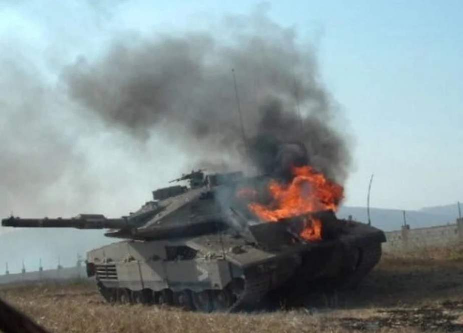 Israeli Merkava destroyed in south Lebanon by anti-tank missile fired by Hezbollah fighters.jpeg