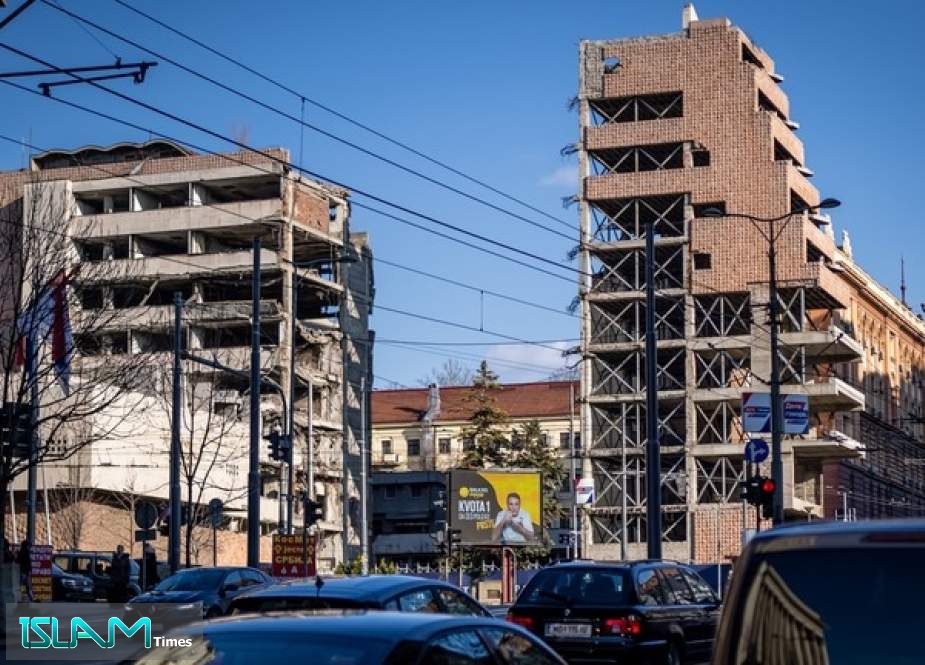 The former Serbian Ministry of Defense destroyed by the 1999 NATO bombings, pictured in the center of Belgrade on March 11, 2022.