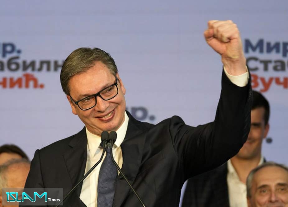 Serbian President Aleksandar Vucic claims victory in the presidential election in Belgrade, Serbia, April 3, 2022.
