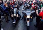 "Rolling Thunder Ottawa" protesters ride as hundreds of flag-bearing demonstrators converged in downtown Ottawa, Ontario, Canada on April 29, 2022.