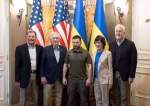 Ukrainian President Volodymyr Zelensky poses for a picture with U.S. Senate Minority Leader Mitch McConnell (R-Ky.), along with Sens. Susan Collins (R-Maine), John Barrasso (R-Wyo.) and John Cornyn (R-Tex.) on Saturday in Kyiv.
