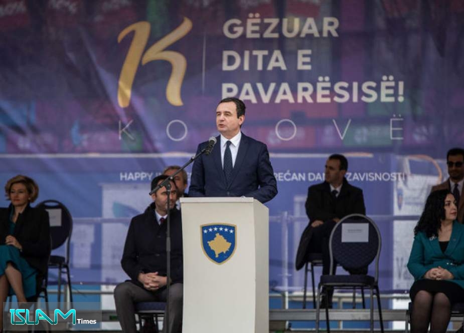 Albin Kurti speaks at the Kosovo "independence" celebration, February 17, 2022 in Pristina.