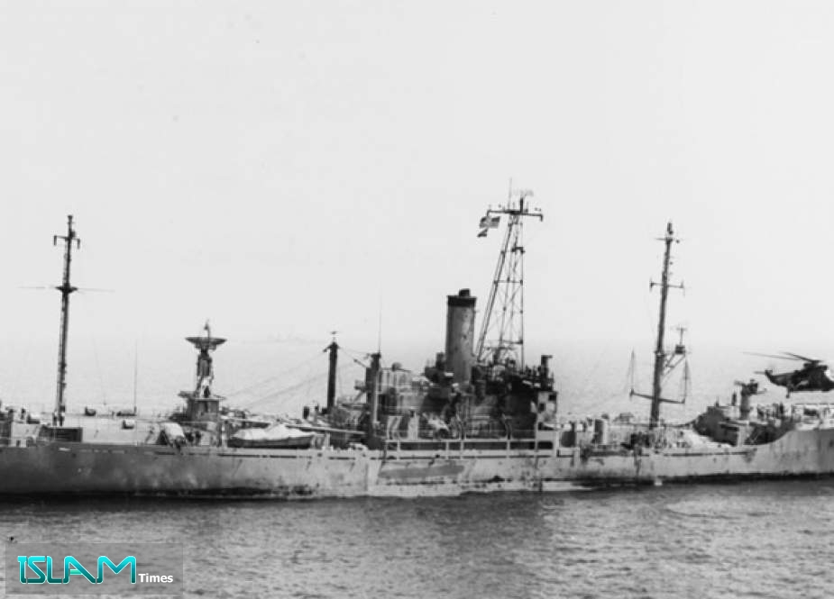 The US Navy electronic reconnaissance gathering ship USS Liberty (AGTR-5) receives assistance from units of the U.S. Sixth Fleet, after she was attacked and seriously damaged by Israeli forces off the Sinai Peninsula on 8 June 1967.