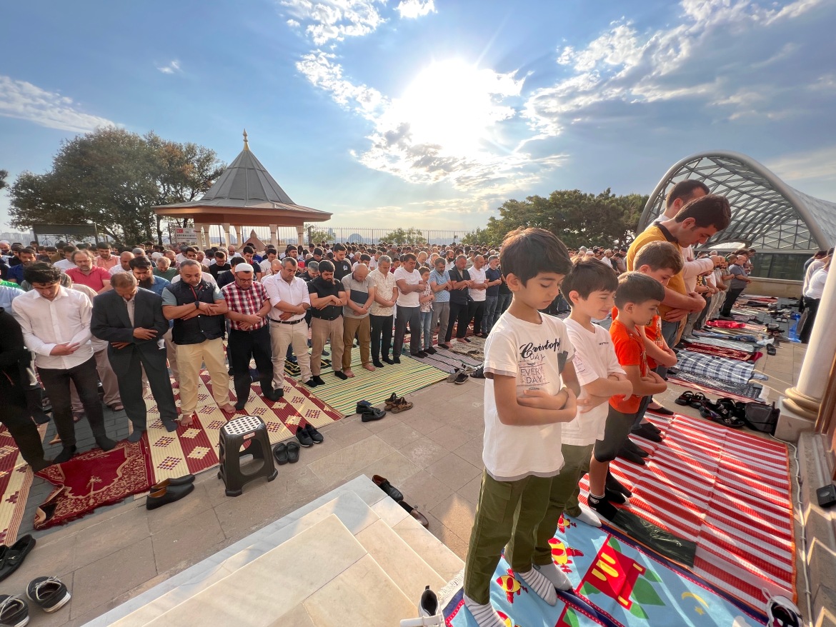 Muslims perform Eid al-Adha prayers at the Mosque of the Martyrs in Baku, Azerbaijan.