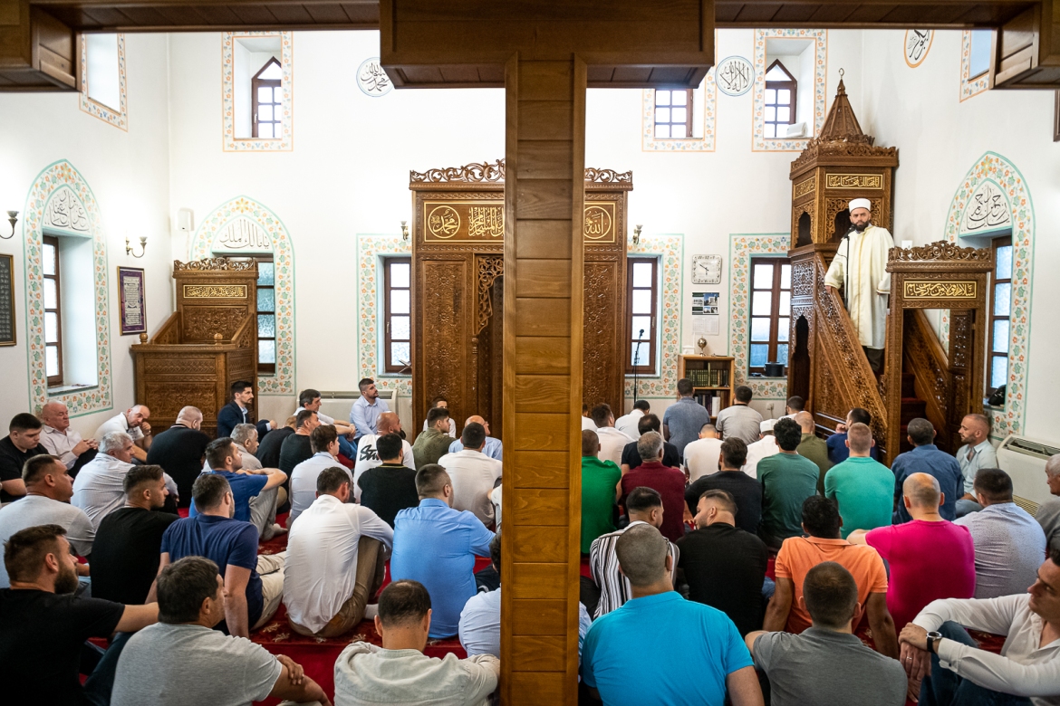 People perform Eid al-Adha prayers at the Osmanagic Mosque in Podgorica, Montenegro.