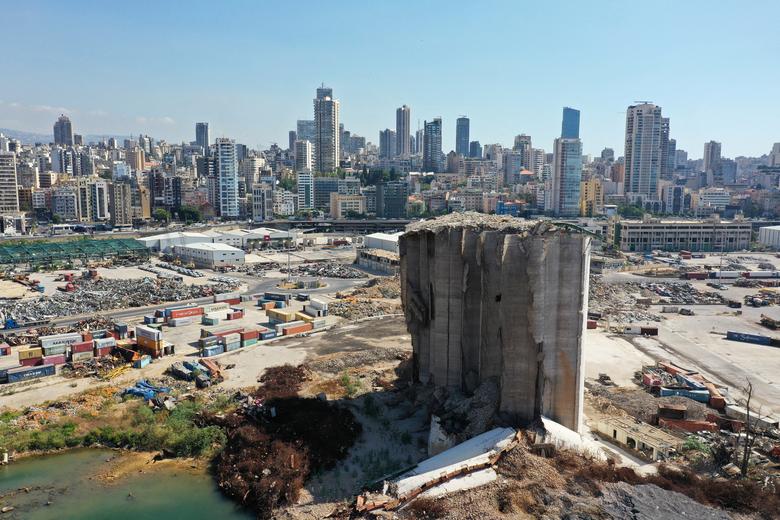 A view shows the partially collapsed grain silos damaged in the Beirut port blast, August 2.