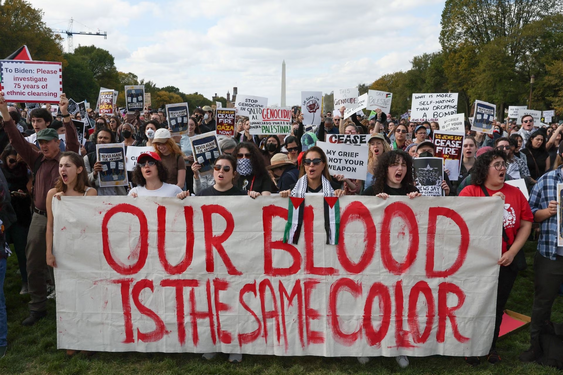 Activists hold a banner as they take part in a protest calling for a ceasefire in Gaza outside the U.S. Capitol, in Washington, U.S., October 18.