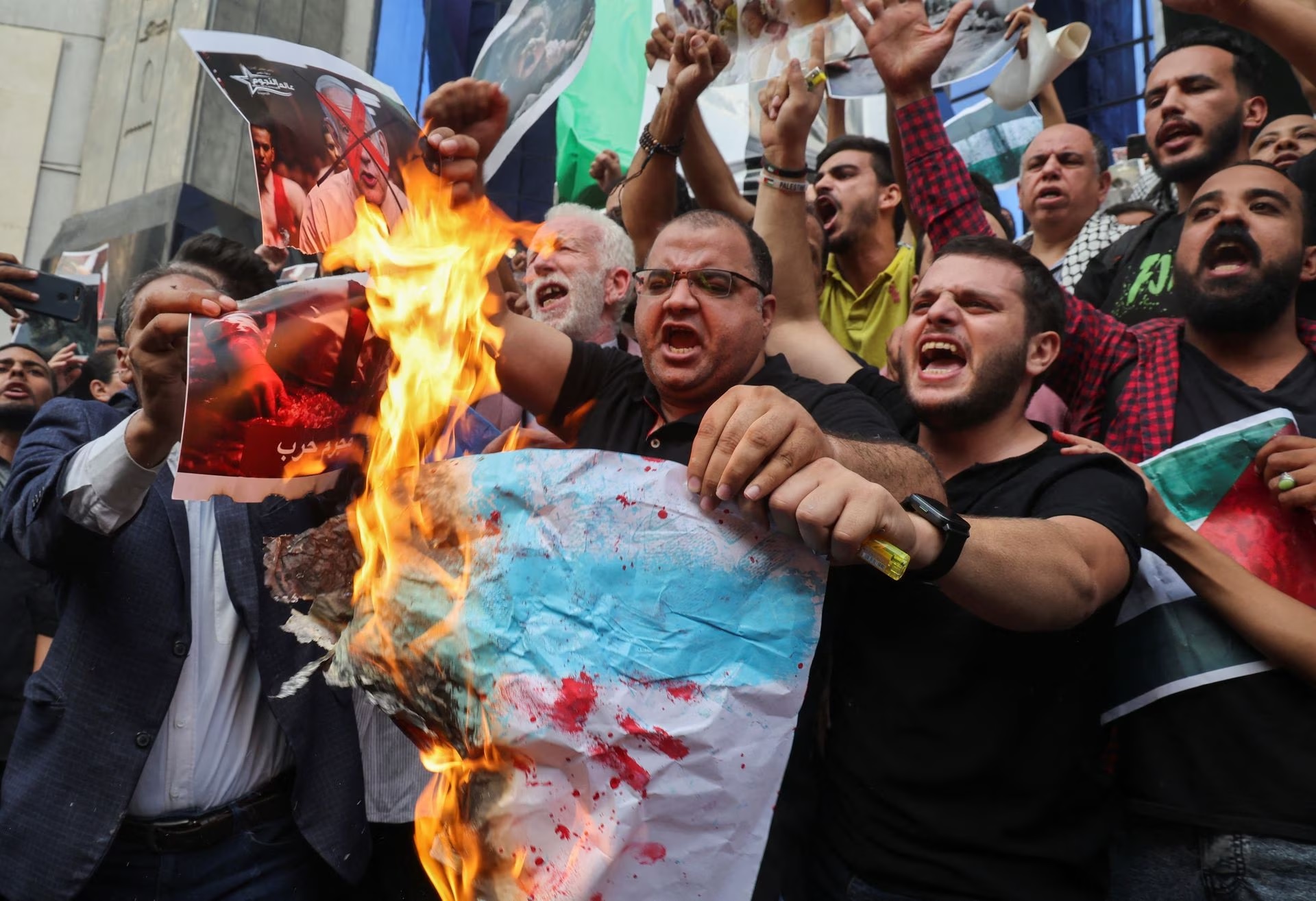 Egyptians shout slogans against Israel and the USA in support of Palestinians for those killed in a blast at Al-Ahli hospital in Gaza.
