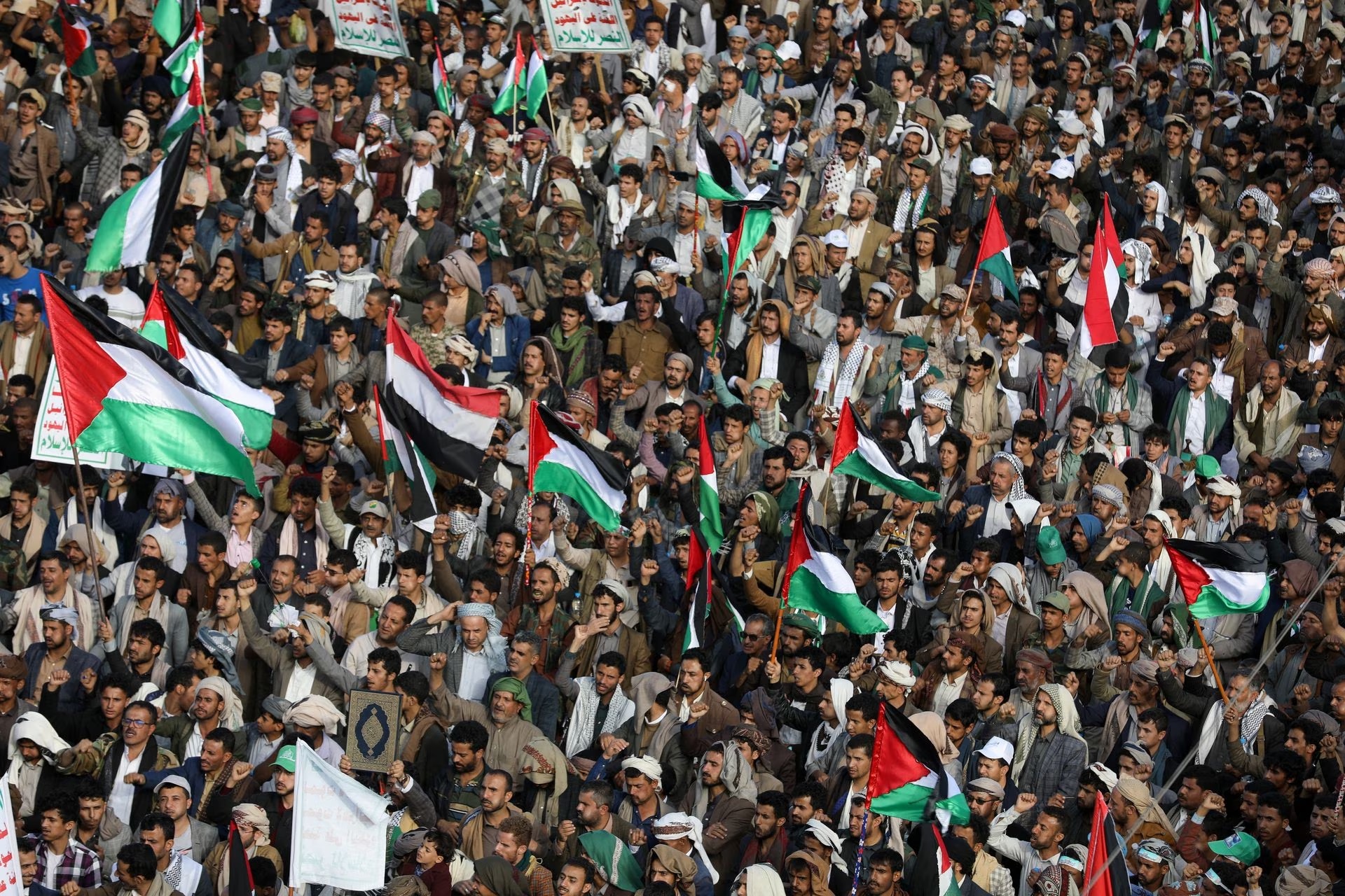 People protest in support of Palestinians in Sanaa, Yemen October 18.