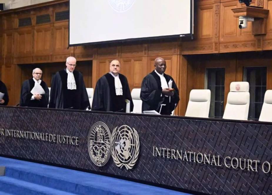 Judges take their seats prior to the hearing of Israel’s crimes in Gaza at the International Court of Justice (ICJ), in the Hague, Netherlands